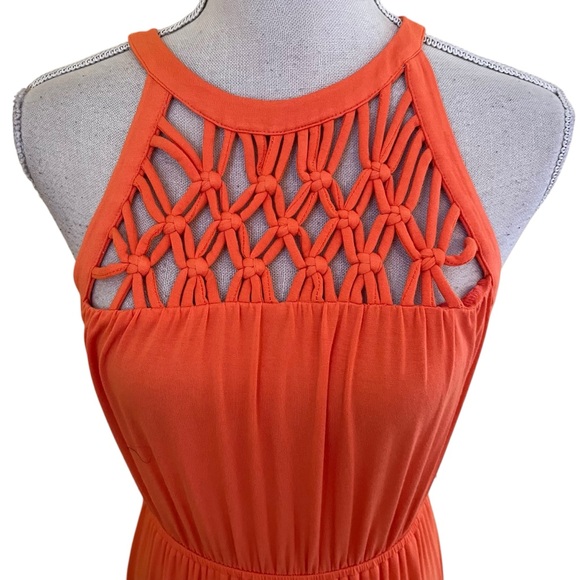 Daniel Rainn Orange Jersey Knit Halter Maxi Dress with Macrame Neckline S - Picture 3 of 14